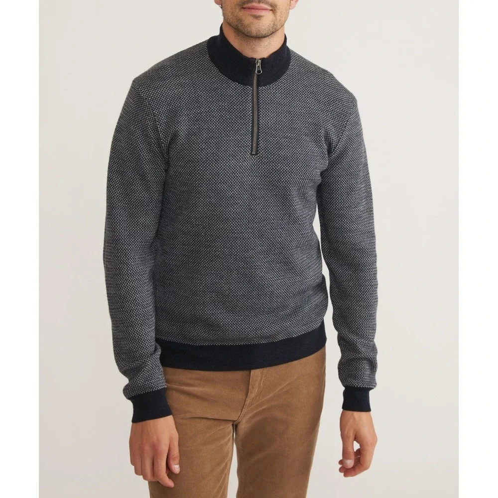 Marine Layer Men's Merino Wool Quarter Zip Sweater‎ Navy White Knit Mock Neck L